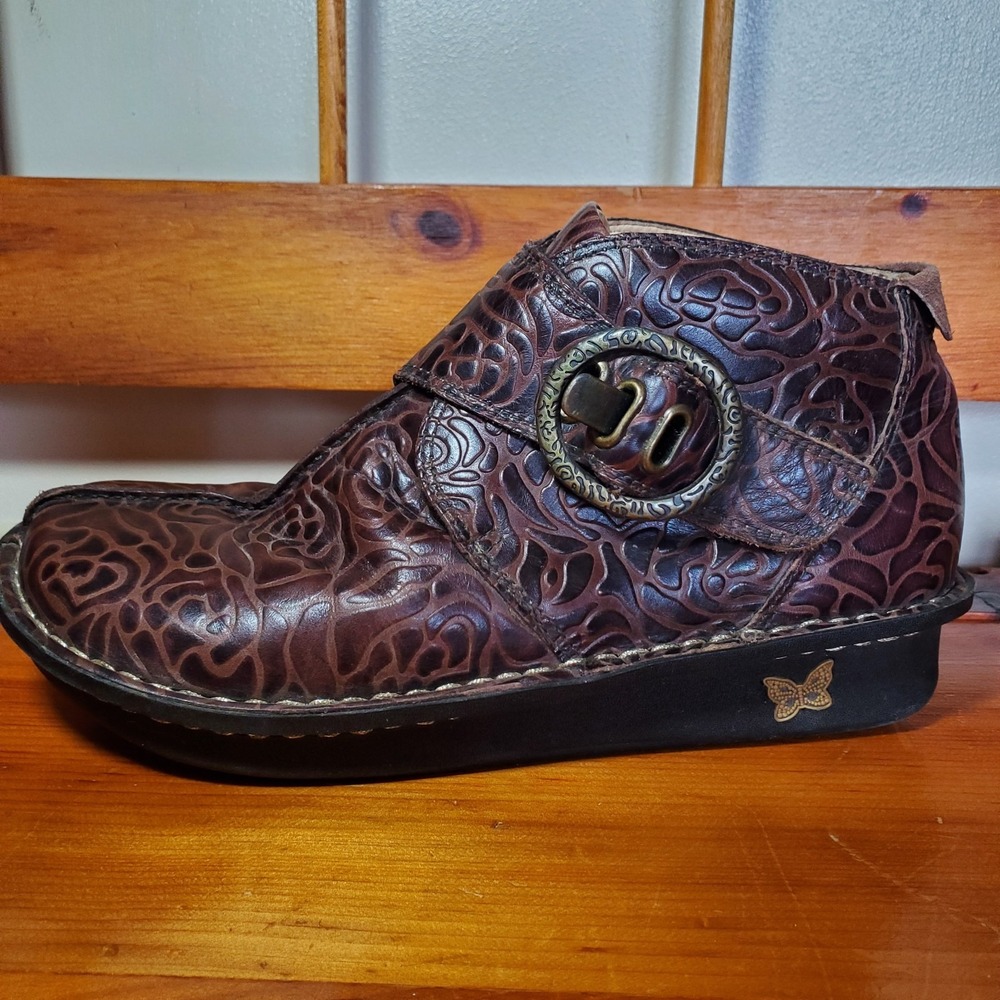 Alegria‎ Caiti Brown Embossed Leather Ankle Boot Bootie Blossom Size 37 US 6.5/7 - Picture 3 of 15